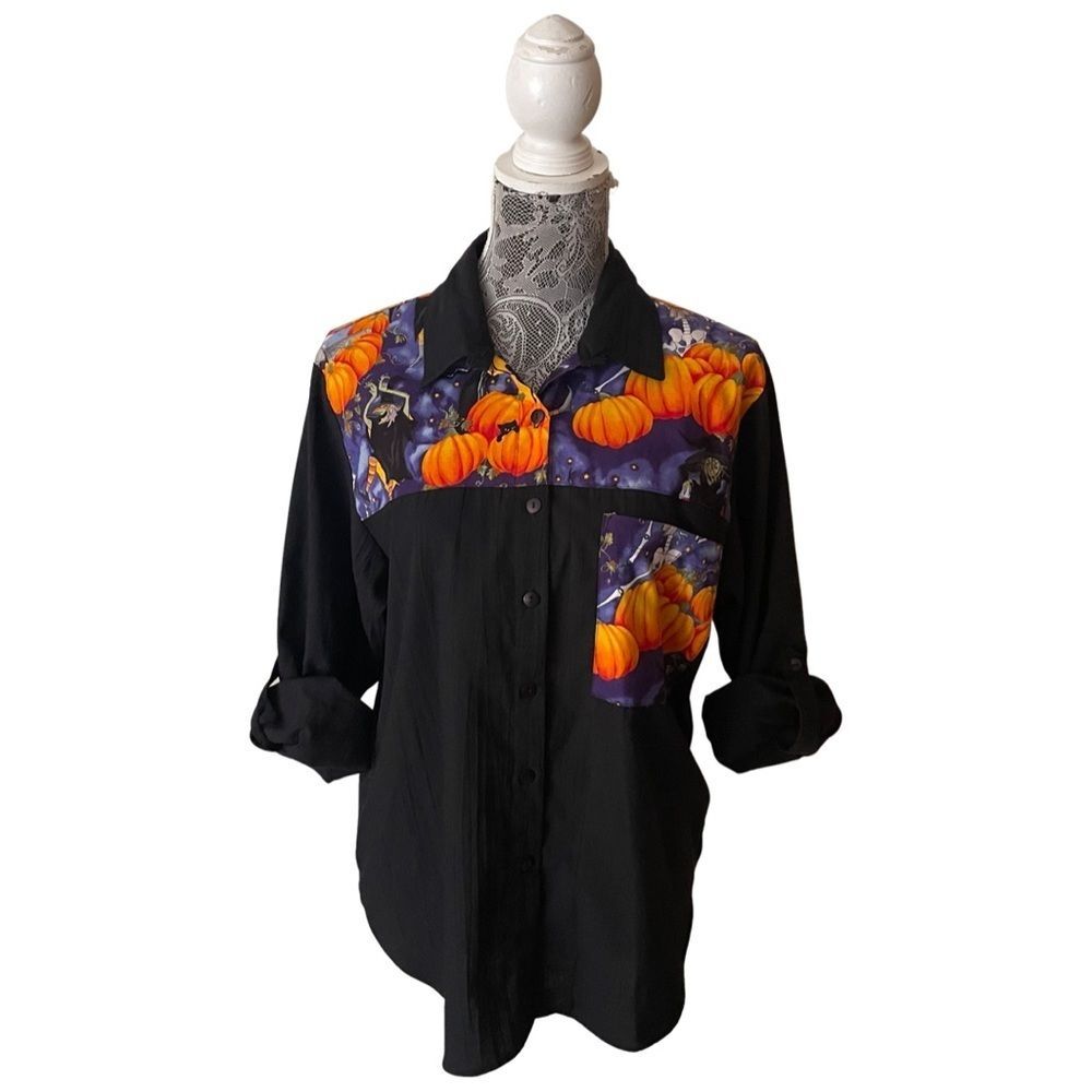 VINTAGE 80s Tapestry Halloween Button Down Long Sleeve Shirt Black Size Medium